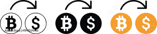 Minimalist cryptocurrency and fiat currency exchange icon set with outline, black and orange designs showing Bitcoin to dollar conversion
