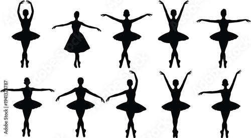 Ballerina ballet dancer silhouettes collection, classical dance poses elegant tutu performance female ballet vector illustration set isolated