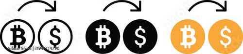 Minimalist cryptocurrency and fiat currency exchange icon set with outline, black and orange designs showing Bitcoin to dollar conversion