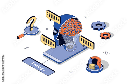 AI chatbot and virtual assistant 3d isometric concept in isometry design for web. Artificial intelligence bot, online help service with robot chatting, machine learning network. Vector illustration.