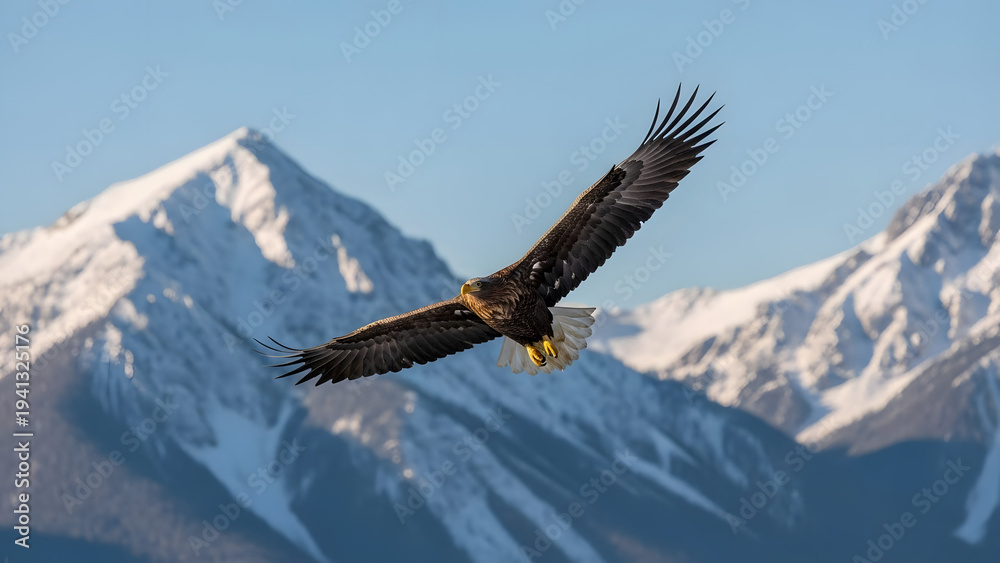 Fototapeta premium Majestic Eagle Soaring Over Snow-Capped Mountains in Clear Blue Sky - Stock Photo