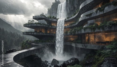 Modern luxury cliffside villa with cascading waterfall in misty mountain landscape