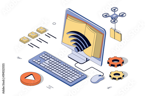 Online education 3d isometric concept in isometry design for web. learning at video courses or distat lessons platform, reading digital books i internet library, homework study. Vector illustration.