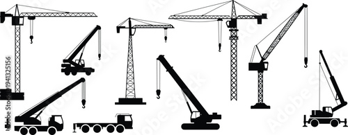 Construction crane silhouettes collection, tower mobile lifting equipment set, industrial building machinery vehicles isolated black silhouette illustration