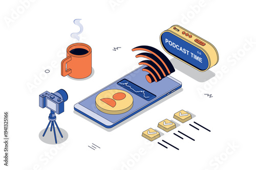 Online podcast 3d isometric concept in isometry design for web. Broadcasting, recording or streaming audio interview or discussing, listent sound content with story or topic talk. Vector illustration.