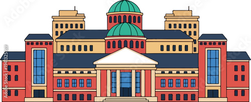 Government building vector illustration, red and yellow facade, blue windows, white columns