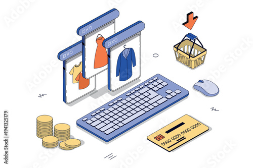 Online shopping 3d isometric concept in isometry design for web. E-commerce and internet ordering of fast fashion clothes, making credit card payment for product basket in store. Vector illustration.