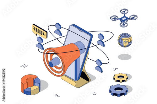 Referral marketing 3d isometric concept in isometry design for web. Advertising program strategy of loyalty audience creating with refer friends and online megaphone announcement. Vector illustration.