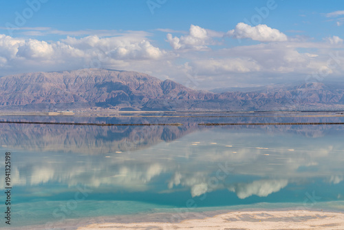 Panoramic view of the Dead Sea with reflection of mountains, Israel