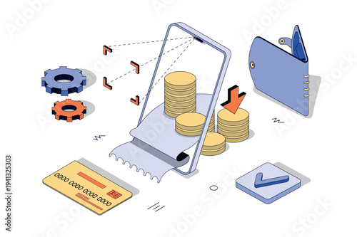 Transaction online 3d isometric concept in isometry design for web. Mobile payments with credit card or virtual wallet, safety cashless financial transfers with digital receipt. Vector illustration.