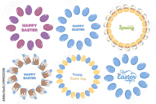 Six circular wreath designs purple eggs with HAPPY EASTER, blue eggs with HAPPY EASTER, yellow baskets with flowers and HAPPY Spring, Easter cakes with icing and eggs and HAPPY EASTER, alternating