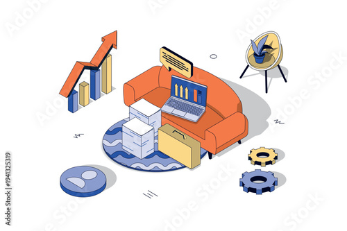 Work from home 3d isometric concept in isometry design for web. Professional freelance workplace with laptop and couch, distant paperwork and graph analysis in remote office. Vector illustration.