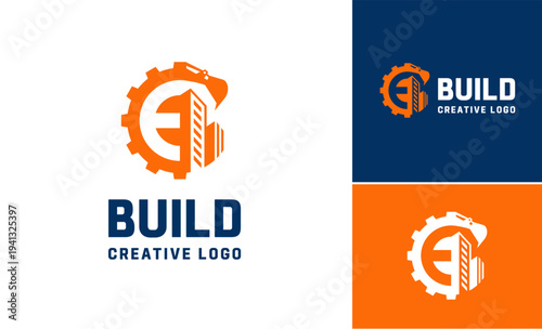 Industrial build gear excavation work heavy symbol logo design, Creative letter E negative space investment finance city skyline vector design
