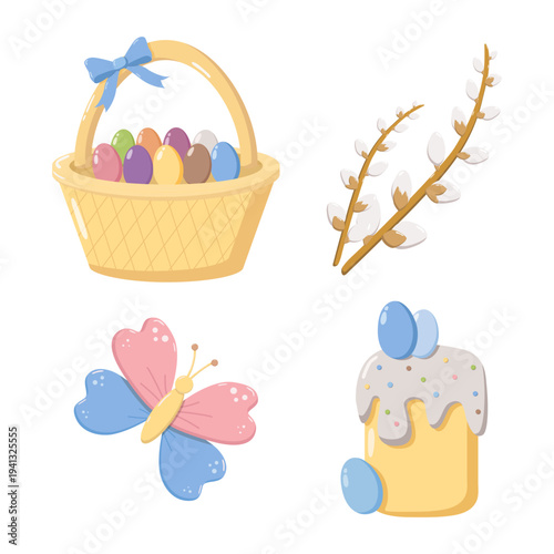 Set of Easter and spring icons basket with eggs, pussy willow branch, butterfly with pink and blue wings, and decorated cake with icing and eggs, colorful festive illustration