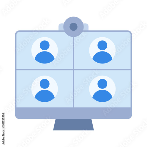 Virtual conference icon showing multiple participants connected on desktop monitor for remote business communication