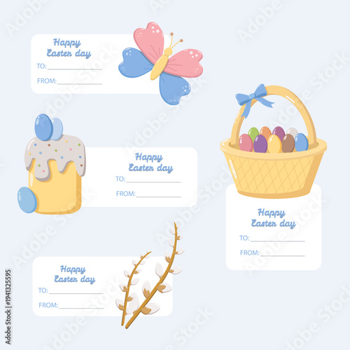 Set of four Easter gift tags with Happy Easter day text, TO and FROM lines, featuring butterfly, cake with eggs, basket of eggs, and pussy willow branch illustrations