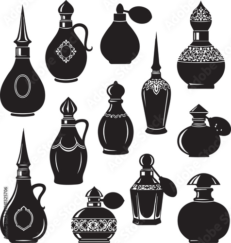 Vector illustration of a set of black and white icons featuring different shapes of vintage wine bottles, glass containers, and antique ceramic vases for perfume or oil design