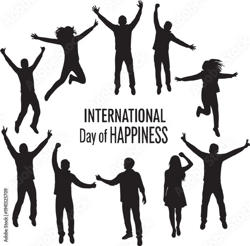 Active group of black vector silhouettes including men, women, and children dancing and jumping for joy in a fun music party illustration