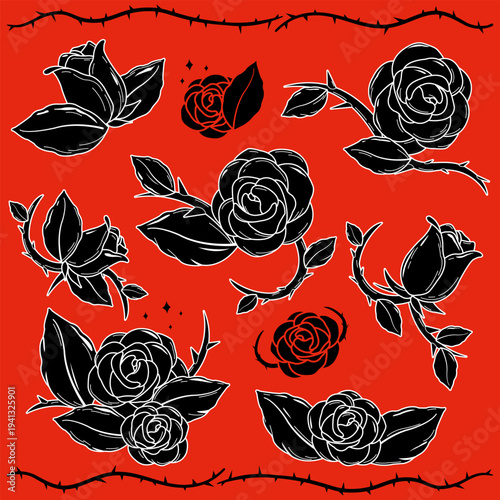 Set of flash tattoo goth style roses, thorns and buds. Rose tattoos vintage collection. Rose flowers, buds and green leaves in red background. Vector Illustration 