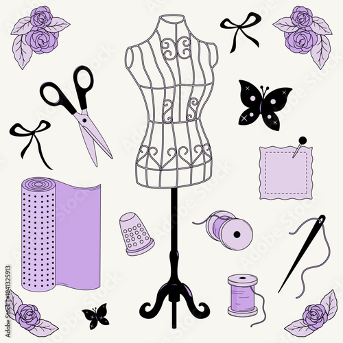 Coquette dressmaker set with romantic wire mannequin. Sewing textile tools and equipment. Decorative roses, needlework tools for tailoring and fashion crafts. Sewing kit objects. Vector illustration