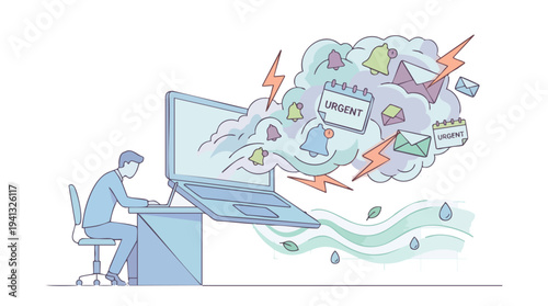 A man sitting at a desk working on a computer with a chaotic cloud of emails and documents surrounding the monitor