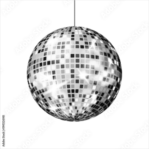 Disco ball with halftone dot texture hanging on string. Minimal monochrome illustration of mirror sphere for party, nightclub, music event, retro dance, and festive design background.