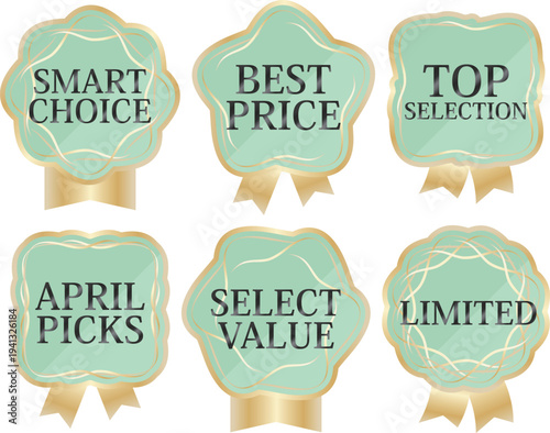 高級感のある春の販促エンブレム6種セット　ミント＆ゴールド