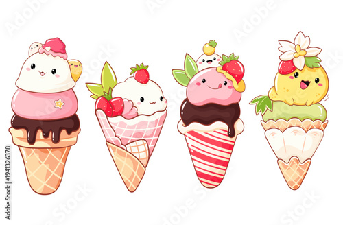 Set of strawberry ice cream in kawaii style for sweet design. Sundae, gelato in waffle cone. Cute summer food collection in retro style. Vector illustration EPS8