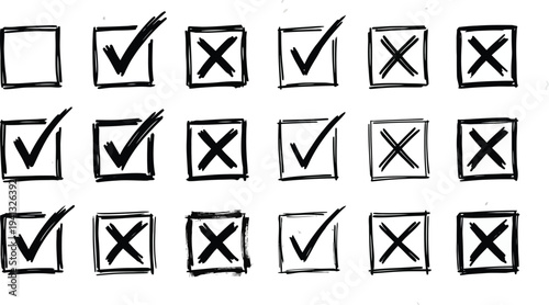 Check marks doodle set. Vote, yes, no, checkbox, checklist, tick and cross signs, v and x drawn concept. Hand drawn crayon sketch style vector illustration 
