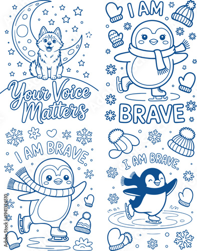 Four blue line of penguins and a husky with motivational text and winter Coloring Book page Bundle