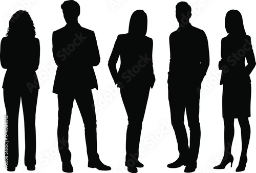 Collection of Diverse Business Professional and Casual Men and Women Silhouettes Standing in Rows Isolated on White Background Vector Illustration for Corporate Teamwork Concepts