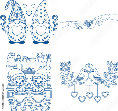 Gnomes holding hearts, hands forming a heart, elves baking cookies, and Coloring Book page Bundle