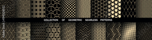 Geometric set of seamless black and golden patterns. Simple vector graphics