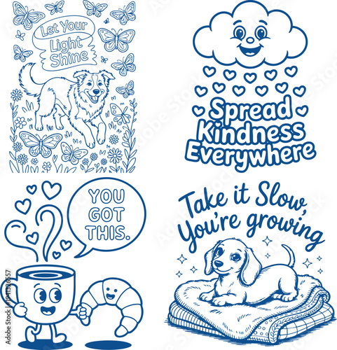 Happy dog in a field with butterflies and a cloud raining hearts with Coloring Book page Bundle