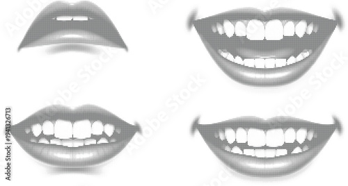 Halftone design concept with black dots texture featuring human lips and smiling mouth expressions isolated on a white background.