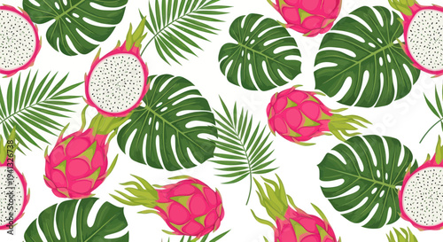 Dragon Fruit and Tropical Leaves Seamless Pattern, Exotic Summer Design