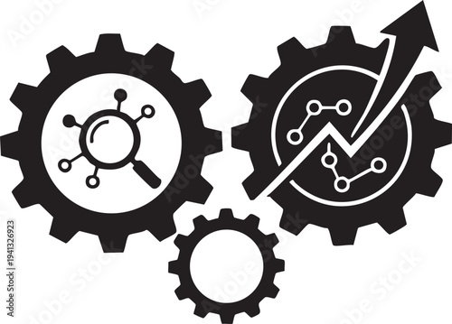 Black gear icons with business and analysis symbols on white background