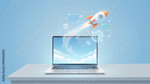 Startup Launch Concept with Rocket Taking Off from Laptop Screen Digital Innovation and Online Business Growth