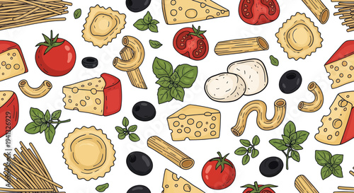Italian Food Pattern: Pasta, Cheese, Tomatoes, Olives, and Basil - Hand-Drawn Style