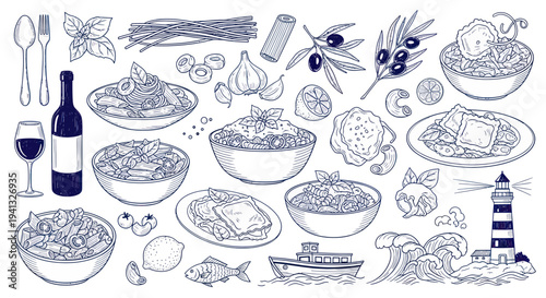 Italian Food and Mediterranean Lifestyle Sketch Collection
