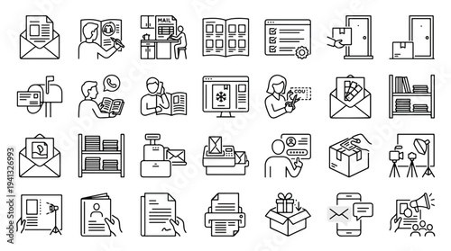 Minimalist line art icons set for business communication and office work