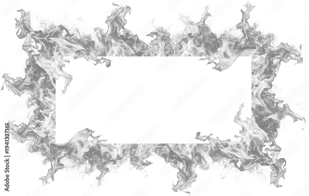 Obraz premium Abstract smoke frame halftone design concept with black dots texture and rectangular white copy space for modern artistic border and background layouts.