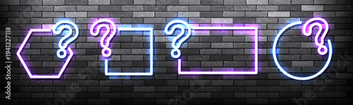 Vector set of neon question mark frames isolated on wall background. Concept of quiz and trivia.