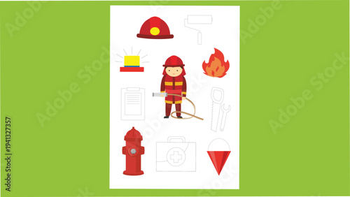 firefighter with fire extinguisher and red fire hydrant vector illustration