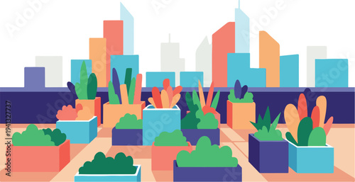 Urban garden cityscape vector illustration with modern buildings and green spaces