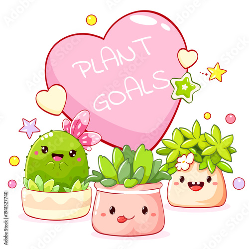 Plant goals concept. Vector Cute plants in flowerpot. Plant in kawaii style in flower pot. Home garden, hobby and leisure theme. Gardening and floriculture. Can be used for badge, card, t-shirt print