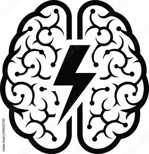 Brain with lightning bolt and decorative swirling patterns inside