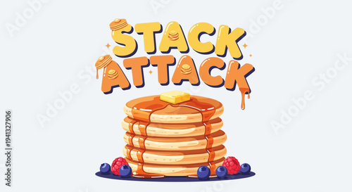 Vector illustration of a stack of pancakes with syrup and berries