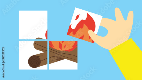 Illustration of a human hand putting a piece of paper into a fire