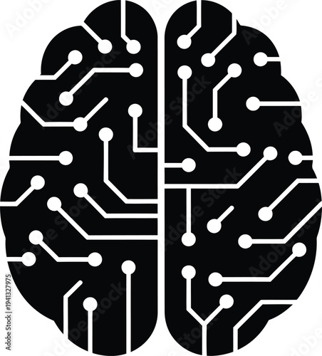 Circuit board brain with white lines and dots on transparent background